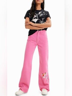 DESIGUAL | Women's Pink Panther High-Waisted Frayed Hem Wide Leg Jeans